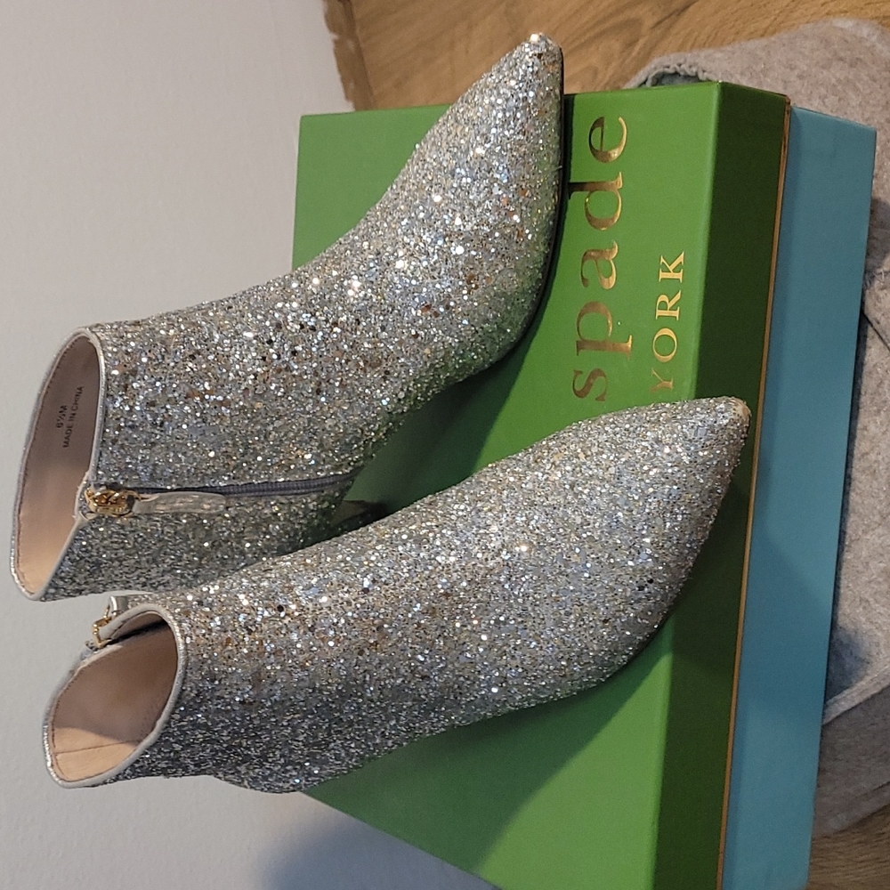 kate spade Silver Glitter Pointed Toe Ankle Booties